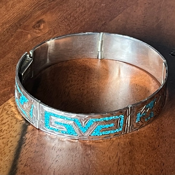 GM 10 MEXICO 925 STERLING SILVER TURQUOISE INLAY Hinge BRACELET 6.75” clasp 22g - Picture 6 of 16